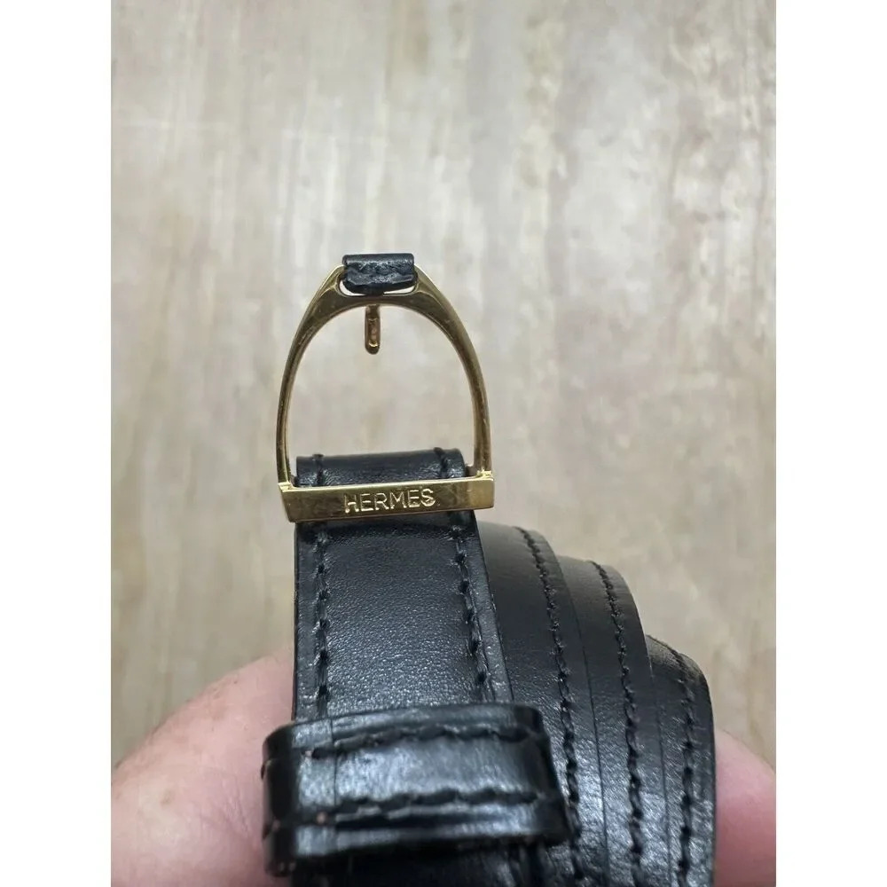 Black Leather Belt with Gold Stirrup-Style Buckle View 2